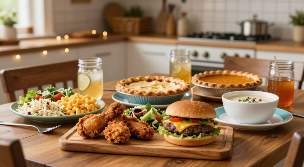 A beautifully arranged dining table showcasing an array of classic US cuisine. In the foreground, a large wooden platter features iconic dishes such as crispy fried chicken, a juicy cheeseburger with fresh toppings, and a vibrant salad. Placed artistically are sides like macaroni and cheese and coleslaw, along with a bowl of clam chowder. In the middle, colorful plates of apple pie and pumpkin pie add a sweet touch, surrounded by drinks served in mason jars. The background shows a warm and inviting kitchen with rustic decor, string lights twinkling softly. The scene is illuminated by natural light, creating a cozy atmosphere that invites viewers to indulge in the flavors of America. Shot with a shallow depth of field for dreamy focus on the food.