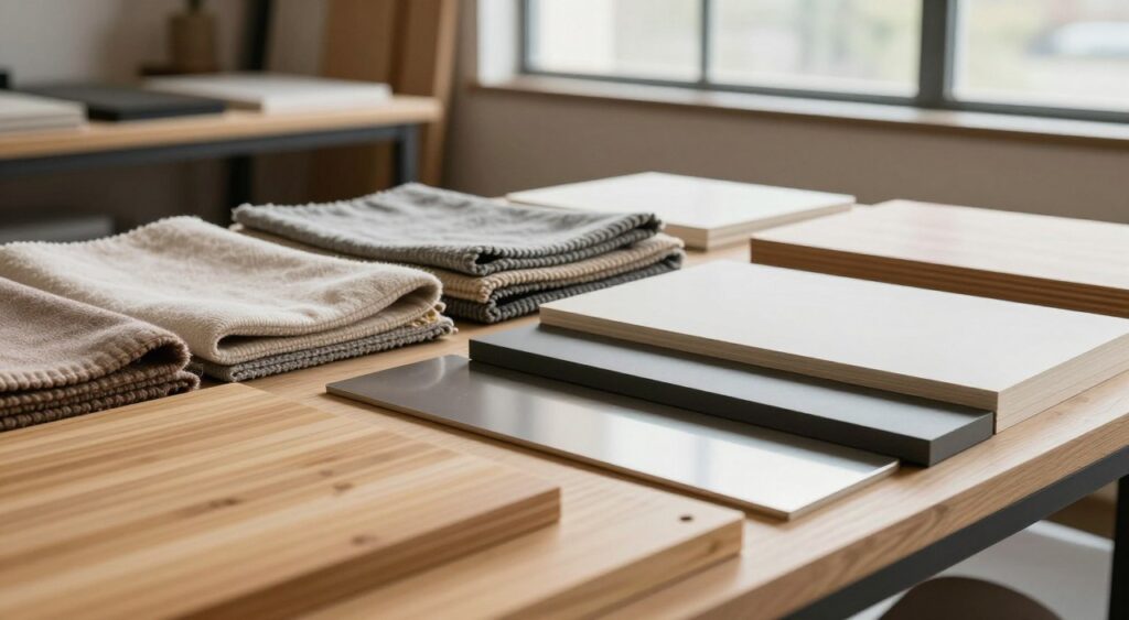 A beautifully arranged display of compact furniture materials, showcasing a variety of textures and finishes. The foreground features smooth bamboo and sleek metal, highlighting eco-friendly and durable options. In the middle ground, plush fabric swatches in neutral tones, alongside lightweight yet strong composite boards, emphasize versatility. The background includes a softly lit workshop setting with natural light filtering through large windows, casting gentle shadows that create an inviting atmosphere. The focus is on the materials, with warm lighting enhancing their features, shot from a slightly elevated angle to capture depth. The overall mood conveys innovation and efficiency, ideal for maximizing limited space, showcasing the practical beauty of compact furniture solutions.