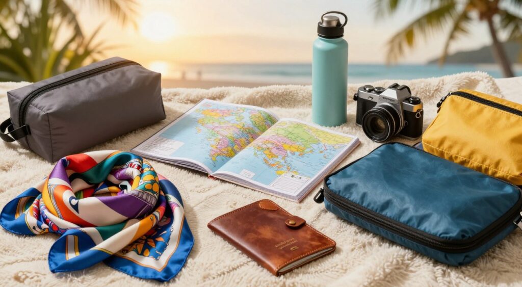 A beautifully arranged flat lay showcasing essential travel packing items for an exotic getaway. In the foreground, vibrant silk scarves, a well-worn leather passport holder, and stylish travel pouches are artistically displayed. The middle section features a folding travel guide filled with colorful maps, a handy reusable water bottle, and a compact camera, all set against a soft, textured blanket. The background displays hints of tropical plants and a distant beach, softly blurred to evoke a sense of wanderlust. The lighting is warm and inviting, simulating the golden glow of sunset. Capture this scene from a slightly elevated angle to enhance depth while maintaining clarity on each item. The mood is adventurous yet organized, perfect for inspiring travelers.