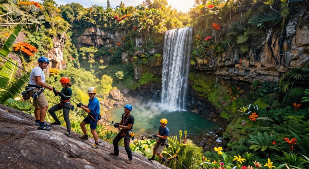 A breathtaking landscape showcasing unique adventure destinations, designed for thrill-seekers. In the foreground, a group of four diverse adventurers in casual yet professional clothing, engaged in activities like rock climbing and zip-lining, displaying excitement and camaraderie. The middle ground features a stunning waterfall cascading into a crystal-clear pool surrounded by lush tropical vegetation. Towering cliffs and vibrant, exotic flowers create a vivid backdrop. The lighting is warm and golden, suggesting late afternoon sun, casting dynamic shadows. The angle captures a panoramic view, emphasizing the grand scale of nature's beauty and the thrilling activities. The atmosphere is one of exhilaration and exploration, inviting viewers to embark on their own adventures.