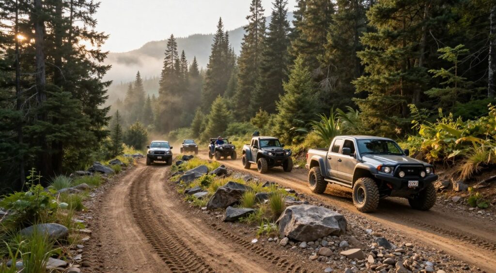 A breathtaking off-road trail winding through a lush forest in the U.S., featuring rugged terrain with dirt, rocks, and patches of grass. In the foreground, there are tire tracks from four-wheel-drive vehicles, showing signs of recent adventure. The mid-ground showcases a variety of off-road vehicles, such as trucks and ATVs, parked and ready for exploration, with some drivers dressed in outdoor gear, embodying the thrill-seeking spirit. The background reveals towering trees and mountainous peaks, shrouded in a soft morning mist. The image is illuminated by warm, golden sunlight filtering through the canopy, creating an inviting and adventurous atmosphere. The angle captures the scenic depth of the trail, emphasizing its challenging nature and natural beauty, perfect for thrill-seekers.