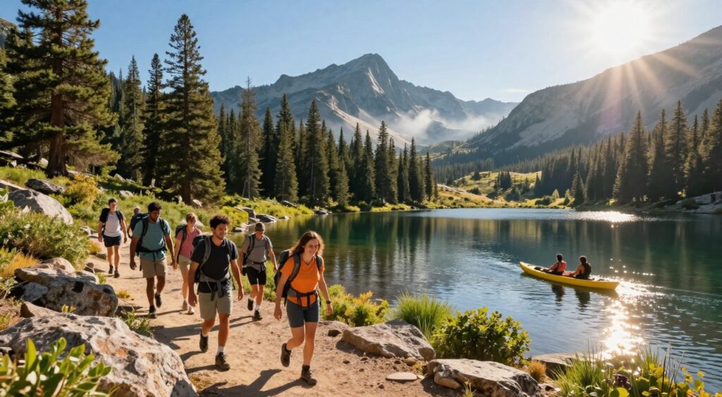 A breathtaking scene capturing outdoor adventures in the US, showcasing a diverse landscape. In the foreground, a group of happy hikers wearing casual outdoor attire, joyfully exploring rocky trails. In the middle ground, a serene mountain lake reflects towering pine trees and majestic mountains under a clear blue sky. A couple is kayaking, with bright sunlight sparkling on the water’s surface. In the background, the mountains rise dramatically, shrouded in soft mist and surrounded by lush greenery, evoking a sense of adventure and tranquility. The scene is illuminated by warm, golden hour lighting, creating a vibrant and inviting atmosphere. The perspective is eye-level, offering an immersive view of this stunning outdoor escapade.