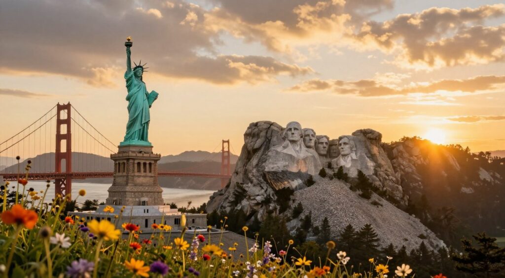 A breathtaking sunset view showcasing iconic American landmarks, including the Statue of Liberty, Golden Gate Bridge, and Mount Rushmore. In the foreground, vibrant wildflowers sway gently in the breeze, adding a splash of color. The middle ground features the majestic landmarks illuminated by the warm golden light of the setting sun, with soft clouds drifting in the sky. In the background, distant hills create a sense of depth and grandeur. The scene is captured at a wide-angle lens to encompass the vastness of the landscape, with a focus on the interplay of light and shadow. The atmosphere is one of awe and inspiration, inviting viewers to explore the wonders of America. The image is devoid of any text or markings, ensuring a pure visual experience.