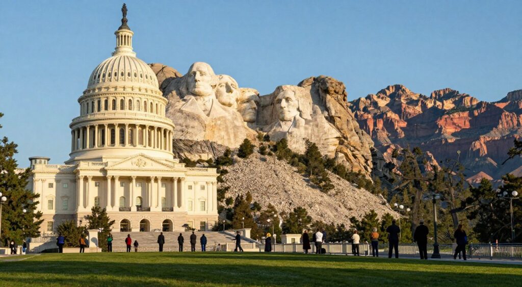 A breathtaking view of iconic historical sites in America, showcasing the majestic grandeur of the Romanesque architecture of the U.S. Capitol in the foreground, surrounded by lush green lawns and visitors in professional attire admiring the structure. In the middle, add the iconic silhouette of Mount Rushmore, carved with the faces of four American presidents under a clear blue sky. In the background, feature the breathtaking landscape of the Grand Canyon, with warm sunlight illuminating its rugged cliffs. The scene should evoke a sense of wonder and exploration, with soft shadows falling across the grass, and the sun casting a golden hue over the landmarks, creating a serene and nostalgic atmosphere that invites viewers to discover America's rich history.