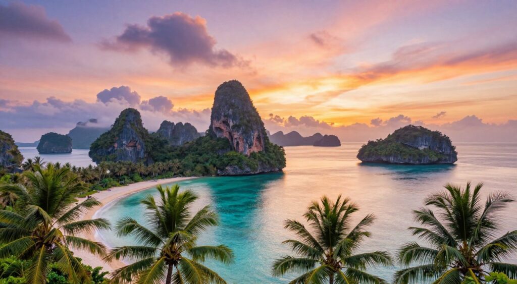A breathtaking view of remote islands surrounded by crystal-clear turquoise waters during the golden hour just before sunset. In the foreground, vibrant green palm trees sway gently with the breeze on a small sandy beach. In the middle ground, stunning rocky cliffs rise majestically, adorned with lush vegetation, inviting exploration. The background features a panoramic view of several distant islands with varied shapes and sizes, partially shrouded in soft wisps of mist, enhancing the sense of seclusion. The sky is painted in warm hues of orange, pink, and purple, reflecting on the tranquil water, while fluffy white clouds drift lazily above. The overall mood is serene and inviting, evoking a sense of peace and adventure, inspiring wanderlust for extraordinary escapes.