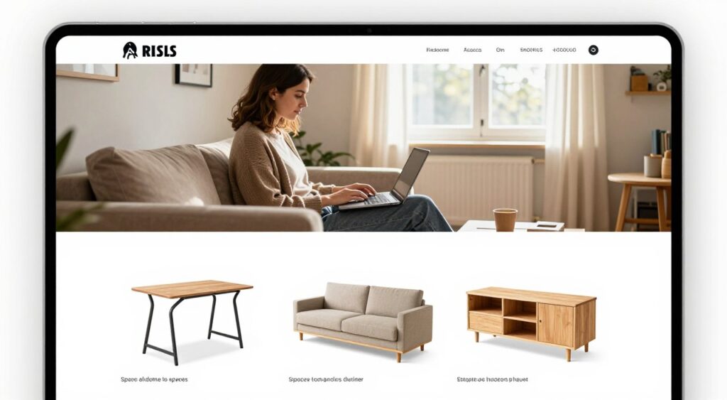 A bright and modern online shopping website interface showcasing a variety of compact furniture for small spaces. In the foreground, an elegant selection of space-saving items like a foldable dining table, modular sofa, and multi-functional storage units. The middle layer features a user browsing on a sleek laptop, casually dressed in a stylish but modest outfit, with a cozy living room setting visible behind them. The background displays a warm and inviting atmosphere, with soft natural light filtering in through a window, highlighting the furniture details and textures. The scene conveys a creative and inspiring mood, emphasizing ease and accessibility of purchasing compact furniture online.