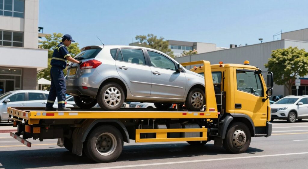 A bright and sunny urban scene featuring a reliable tow truck service in action. In the foreground, a brightly colored tow truck, equipped with a hydraulic lift, is successfully towing a compact car. The driver, a professional in a navy blue uniform, is diligently working on securing the vehicle. In the middle ground, other vehicles are seen stopped, highlighting the busy street. The background includes a clear blue sky, with office buildings that convey a bustling city atmosphere. The sunlight casts natural shadows, enhancing the contrast and details of the scene. The overall mood is one of efficiency, safety, and trustworthiness, emphasizing the importance of reliable towing services.