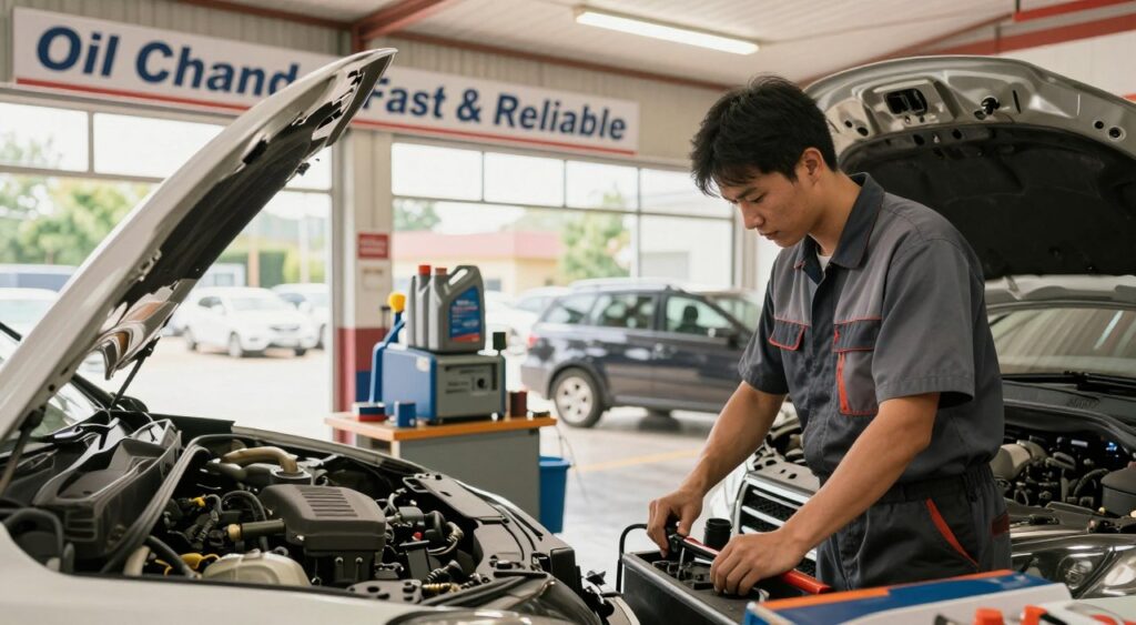 A bright and welcoming auto service station specializing in oil changes. In the foreground, a skilled mechanic in a neat uniform is seen inspecting a car's engine, tools clearly displayed on a workbench nearby. The middle ground features a well-organized service area with oil change equipment and a sign indicating "Oil Change - Fast & Reliable." In the background, large windows allow natural light to flood the space, enhancing the clean and professional atmosphere. The scene conveys trust and efficiency, with warm, inviting lighting to reflect customer friendliness. A few vehicles are parked in an orderly fashion outside, hinting at a busy but organized service environment. The angle captures the dynamic action of service underway, emphasizing reliability and professionalism.