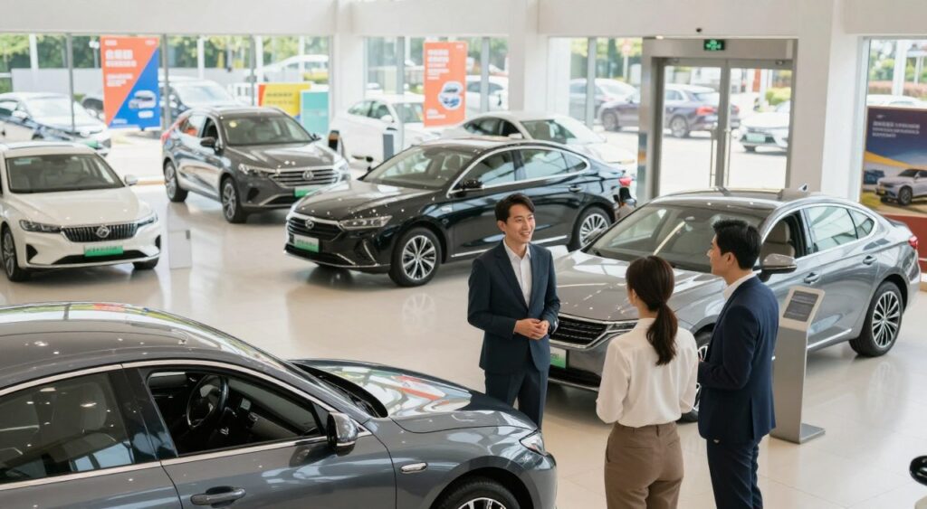 A bright, modern car dealership interior filled with a variety of top-rated vehicles on display, including sedans, SUVs, and electric cars. In the foreground, a friendly sales professional, dressed in smart business attire, engages with a couple examining a sleek sedan. The middle ground showcases gleaming cars under soft, diffused lighting, highlighting their features. Large glass windows in the background allow natural sunlight to flood the space, creating an inviting atmosphere. Outside, a well-maintained lot features more vehicles with colorful banners signifying special offers. The overall mood is professional yet approachable, evoking trust and excitement in the car buying experience. The composition captures an informative, welcoming environment that encourages potential customers to explore their options.