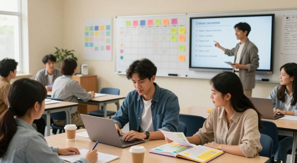 A bright, modern classroom filled with diverse students engaged in various activities that showcase class schedule flexibility. In the foreground, a male student in business casual attire studies a laptop, while a female student in modest clothing consults a colorful, open planner. The middle ground features a large whiteboard displaying a customizable class schedule with colorful sticky notes and icons representing different subjects. In the background, a friendly instructor gestures towards a digital display, illustrating a variety of flexible class options. The lighting is warm and inviting, creating a positive atmosphere. The scene is captured from a slightly elevated angle, providing an overview of the classroom dynamics while maintaining focus on the interaction between students and teacher, emphasizing accessibility and adaptability in education.