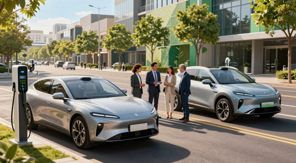 A bright urban street showcasing popular electric vehicles of 2023. In the foreground, a sleek electric sedan parked beside a modern charging station, with clean lines and a glossy finish. To the right, a compact SUV with a futuristic design displays its LED headlights. In the middle, a diverse group of individuals, dressed in professional business attire, are engaging in conversation about the cars, showcasing an optimistic atmosphere. The background features a vibrant cityscape with eco-friendly buildings, trees lining the road, and clear blue skies, emphasizing sustainability. The scene is illuminated by natural sunlight, creating warm highlights and soft shadows, captured from a slightly elevated angle for a dynamic perspective. The mood is lively and forward-looking, embodying the excitement surrounding electric vehicles.