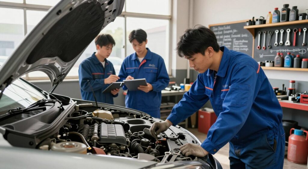 A bustling automotive workshop filled with natural light streaming through large windows. In the foreground, a professional mechanic in a blue uniform diligently works under the hood of a car, showcasing tools and engine components. In the middle ground, two more mechanics discuss a diagnostic report next to a raised vehicle on a lift, with tools scattered around and automotive parts on shelves. The background features a chalkboard filled with repair tips and a variety of automotive tools hanging neatly. The scene conveys a sense of teamwork and expertise, with warm lighting accentuating the hardworking atmosphere. Focus on clear details like wrenches, oil cans, and a hint of grease for authenticity.