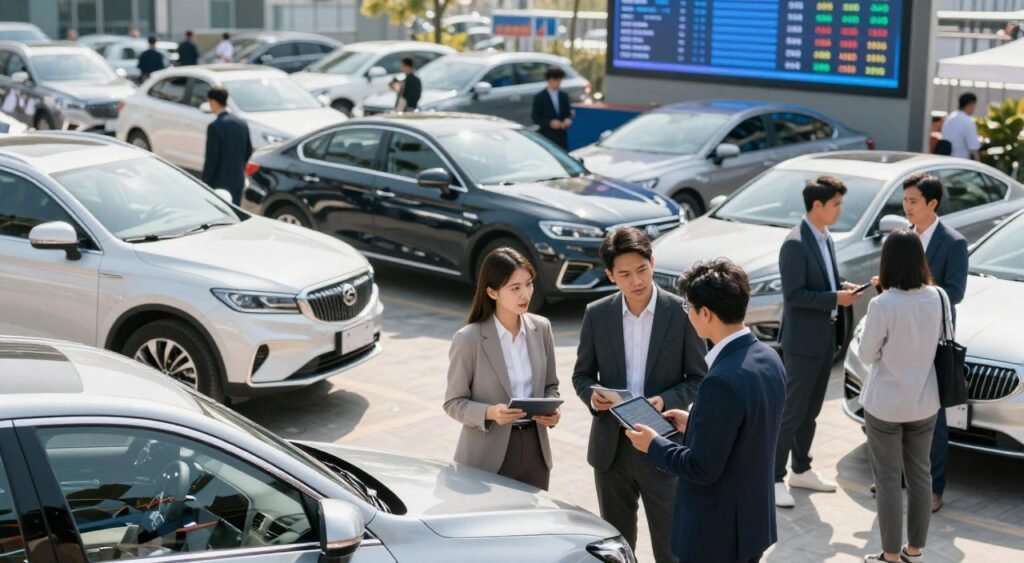 A bustling car trading market scene showcasing dynamic market trends. In the foreground, a diverse group of professionals dressed in business attire, including a man and a woman discussing over a sleek, modern car; they hold tablets displaying graphs and data trends. The middle ground features multiple cars of various makes and models arranged in an appealing layout, all gleaming under bright, natural light. In the background, a digital screen shows real-time statistics and market fluctuations in an urban environment. The angle is slightly elevated, giving a comprehensive view of the market activity while creating a vibrant and optimistic atmosphere. The overall mood should convey excitement and opportunity, reflecting the concept of timing in vehicle trading.