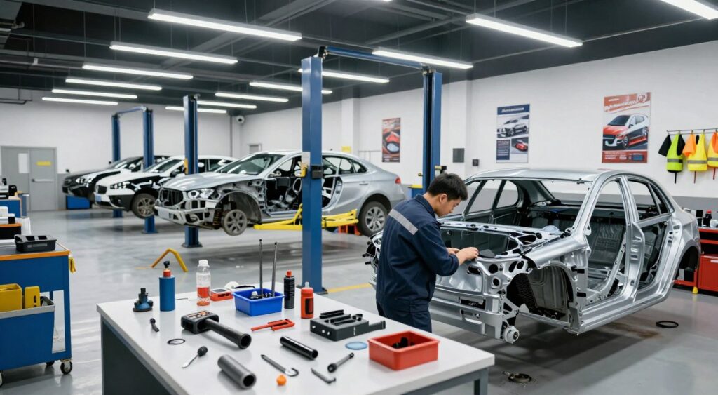 A bustling collision repair center, showcasing a clean and organized workspace filled with advanced tools and equipment. In the foreground, a technician in a professional uniform is carefully inspecting a car frame, surrounded by various parts and gadgets. The middle ground features a hydraulic lift with a car partially disassembled, while the backdrop reveals a row of vehicles waiting for repair under bright, overhead LED lights that create a well-lit atmosphere. The workshop is adorned with posters and safety gear, emphasizing professionalism and attention to detail. The scene conveys a sense of diligence and expertise, capturing the essence of a top-notch bodywork operation. The image is framed from a slightly angled perspective to provide depth and interest.