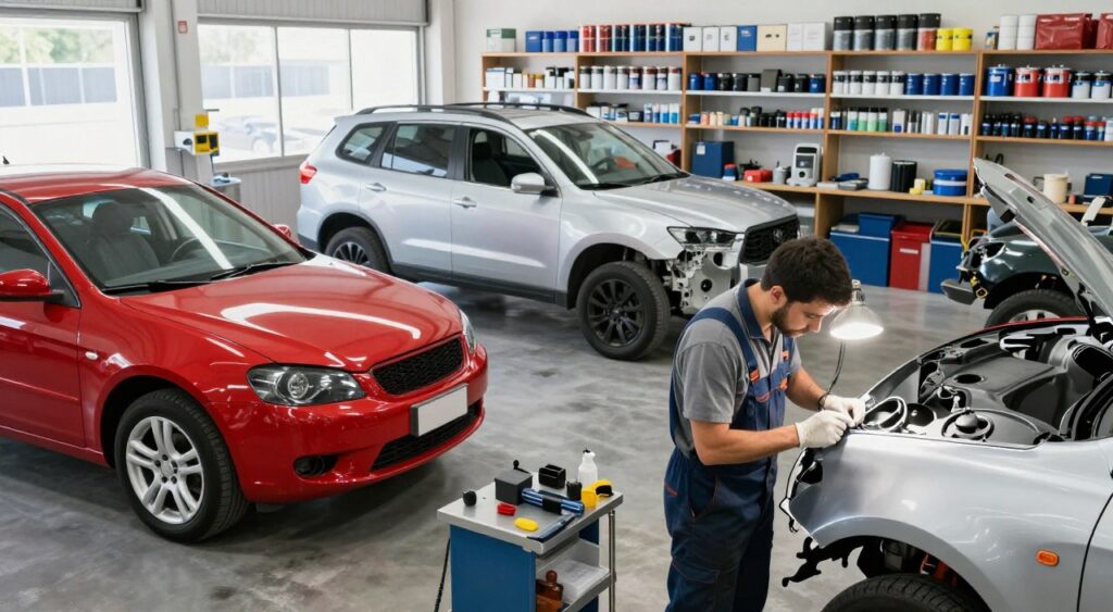 A bustling collision repair center, showcasing a well-organized workspace filled with high-tech tools and equipment. In the foreground, a skilled technician in professional attire is meticulously working on a car's dent repair, focusing intently with a spotlight illuminating the area for enhanced visibility. In the middle ground, various vehicles in different stages of repair are positioned, including a bright red car undergoing paint touch-ups and a silver SUV with parts removed for inspection. The background features shelves filled with auto parts, paint cans, and machinery, adding depth to the scene. The atmosphere is industrious and focused, with bright, natural lighting streaming in from large windows, reflecting a commitment to quality workmanship and attention to detail.