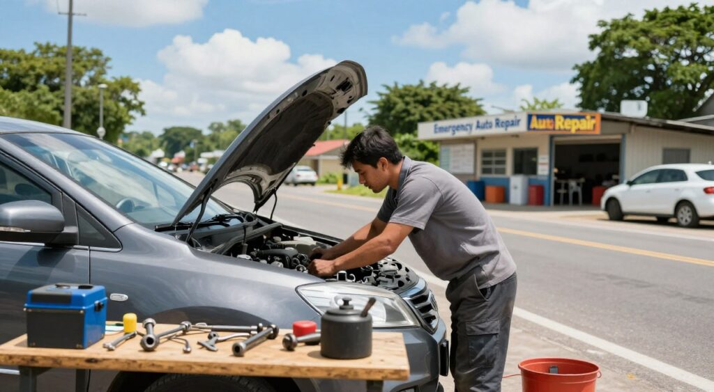 A bustling roadside auto repair scene during daylight, showcasing a professional mechanic in modest casual clothing, confidently working on a car with the hood open. In the foreground, tools and repair equipment are neatly arranged on a wooden bench, emphasizing readiness for urgent repairs. In the middle, the mechanic is actively inspecting the engine, showcasing their expertise and focus. Vibrant colors are used to highlight the surrounding landscape, including a clear blue sky and a few clouds. In the background, a small garage with a sign reading "Emergency Auto Repair" is visible, surrounded by trees and a few parked cars. The atmosphere is energetic and reassuring, capturing the essence of fast and reliable service. Use natural lighting to create a bright and inviting atmosphere, with a slight depth of field to keep the mechanic in sharp focus while softly blurring the background. A bustling roadside auto repair scene during daylight, showcasing a professional mechanic in modest casual clothing, confidently working on a car with the hood open. In the foreground, tools and repair equipment are neatly arranged on a wooden bench, emphasizing readiness for urgent repairs. In the middle, the mechanic is actively inspecting the engine, showcasing their expertise and focus. Vibrant colors are used to highlight the surrounding landscape, including a clear blue sky and a few clouds. In the background, a small garage with a sign reading "Emergency Auto Repair" is visible, surrounded by trees and a few parked cars. The atmosphere is energetic and reassuring, capturing the essence of fast and reliable service. Use natural lighting to create a bright and inviting atmosphere, with a slight depth of field to keep the mechanic in sharp focus while softly blurring the background.