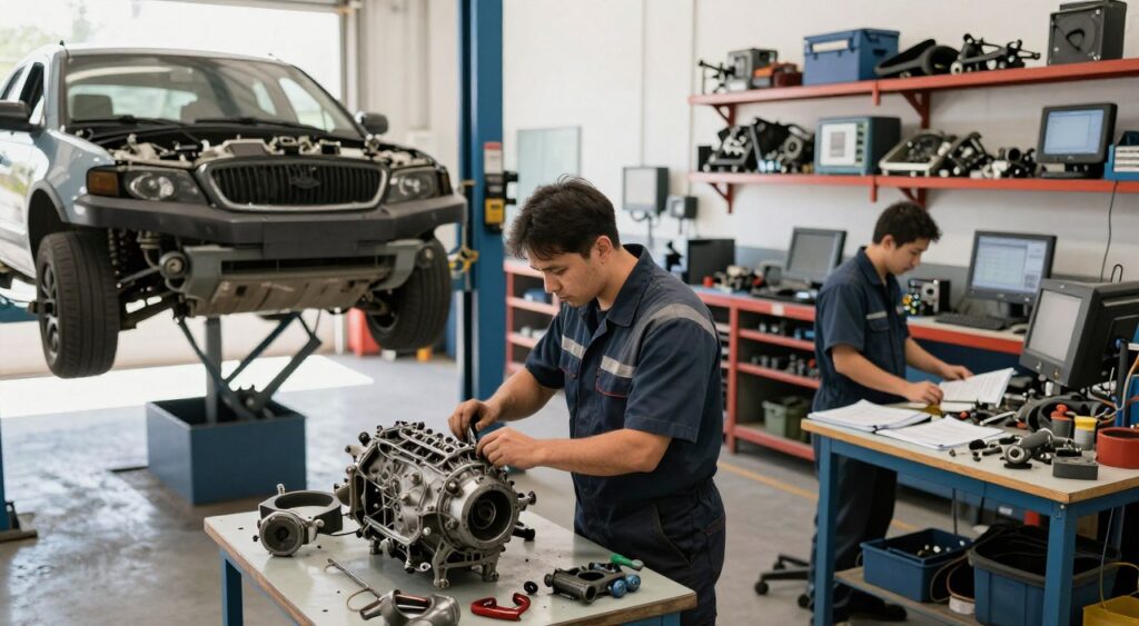 A bustling transmission repair shop, filled with automotive tools and equipment. In the foreground, a mechanic in professional attire is intently inspecting a car's transmission, while another technician is busy at a workbench, surrounded by parts and manuals. The middle ground features a vehicle on a lift, showcasing the intricate workings of the transmission system below. In the background, shelves filled with spare parts and diagnostic equipment line the walls, creating an organized and efficient atmosphere. Bright, natural light filters in through large windows, illuminating the space and highlighting the meticulous nature of the work. The overall mood conveys professionalism, reliability, and dedication to quality service. A bustling transmission repair shop, filled with automotive tools and equipment. In the foreground, a mechanic in professional attire is intently inspecting a car's transmission, while another technician is busy at a workbench, surrounded by parts and manuals. The middle ground features a vehicle on a lift, showcasing the intricate workings of the transmission system below. In the background, shelves filled with spare parts and diagnostic equipment line the walls, creating an organized and efficient atmosphere. Bright, natural light filters in through large windows, illuminating the space and highlighting the meticulous nature of the work. The overall mood conveys professionalism, reliability, and dedication to quality service.