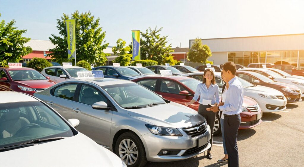 A bustling used car dealership during a sunny day, featuring rows of diverse used cars in various colors and models. In the foreground, a friendly salesperson in professional attire engages with a couple, showcasing a well-maintained sedan, highlighting its features. The middle ground displays several additional cars, with prices visibly posted on windshields, surrounded by vibrant greenery and banners promoting "Affordable Options." In the background, a clear blue sky enhances the positive atmosphere. Use natural lighting to create a warm and inviting mood, with a slight lens flare effect to emphasize the sunny environment. The angle should be slightly elevated, capturing the entirety of the scene while keeping the focus on the interaction between the salesperson and potential buyers.
