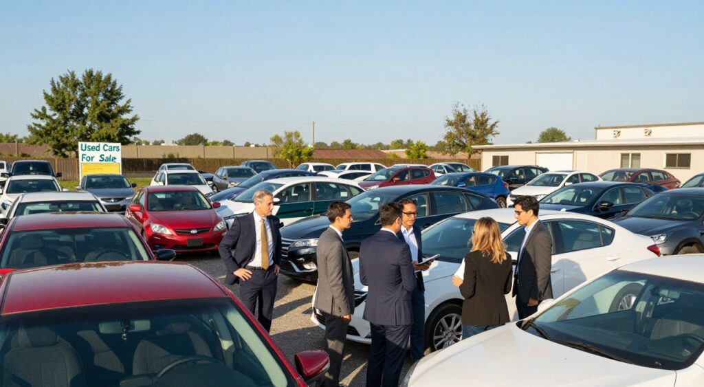 A bustling used car lot during the day, showcasing a variety of affordable used cars parked in neat rows. In the foreground, a diverse group of individuals dressed in professional business attire, engaged in discussions, some examining the vehicles closely. The middle ground features colorful sedans, SUVs, and compact cars, all in good condition and attractively displayed. The background includes a clear blue sky, a few trees, and a small, friendly sign indicating "Used Cars For Sale." The lighting is bright and natural, casting soft shadows, enhancing the inviting atmosphere. Capture a sense of excitement and negotiation, reflecting the positive experience of finding the perfect used car at a great price.