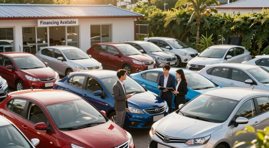 A bustling used car lot featuring several affordable vehicles prominently displayed in the foreground, including compact sedans and hatchbacks in various colors like red, blue, and silver. A couple of friendly sales representatives, dressed in professional business attire, stand beside a car discussing financing options with potential buyers. The middle ground showcases more cars lined up, while a cozy office with a "Financing Available" sign can be seen in the background, surrounded by lush greenery. The scene is bathed in warm afternoon sunlight, creating a welcoming atmosphere. The angle captures the lot from a slight elevation, providing a comprehensive view that highlights the affordability and accessibility of used cars.