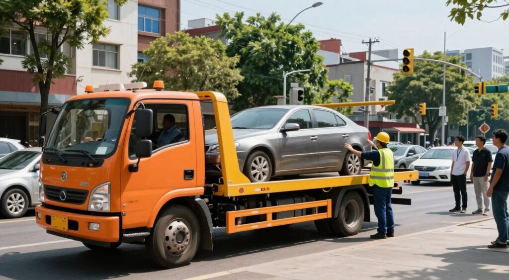 A busy urban scene showcasing a towing service in action. In the foreground, a professional-looking tow truck with bright orange and yellow accents, hooked to a sedan, is prominently displayed. The driver, a person in a reflective safety vest and hard hat, is actively directing the towing process. In the middle ground, other vehicles are parked alongside the street, while a few curious onlookers, dressed in casual clothing, watch the operation. The background is filled with an urban landscape of buildings, trees, and traffic lights, under a clear blue sky. The lighting is bright and natural, capturing the essence of a sunny day. The overall mood is one of efficiency and professionalism, highlighting the reliability of towing services.