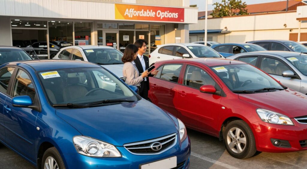 A busy urban street scene showcasing a variety of affordable used cars for sale. In the foreground, a blue sedan and a red hatchback, both in good condition, parked side by side with price tags displayed prominently on the windshield. The middle ground features a cheerful salesperson in professional attire talking to a potential buyer, both engaged in a discussion. In the background, a well-maintained used car dealership with colorful banners advertising "Affordable Options" hangs above the entrance. The setting is during the late afternoon with warm golden hour lighting, casting soft shadows and creating a friendly, inviting atmosphere. The perspective is slightly elevated, giving a clear view of the cars and people, enhancing a sense of community in the car-buying experience.