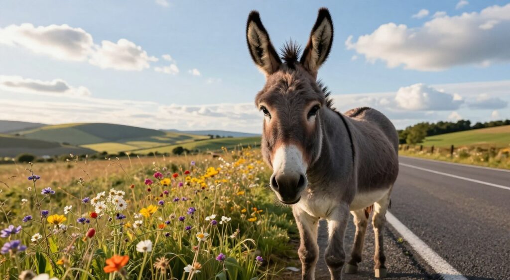 A charming donkey standing near the edge of a country road, its soft grey coat glistening in the warm afternoon sun. In the foreground, the donkey gazes curiously at the viewer, its large, expressive eyes full of personality. The middle ground features wildflowers in vibrant colors, swaying gently in a light breeze. The background reveals a picturesque rural landscape of rolling hills and a clear blue sky dotted with fluffy white clouds. The lighting is golden, creating a serene and inviting atmosphere, evoking a sense of joy and spontaneity. The scene is captured from a low angle, emphasizing the donkey while including hints of the peaceful countryside that surround it, perfect for illustrating the beauty of unexpected encounters. A charming donkey standing near the edge of a country road, its soft grey coat glistening in the warm afternoon sun. In the foreground, the donkey gazes curiously at the viewer, its large, expressive eyes full of personality. The middle ground features wildflowers in vibrant colors, swaying gently in a light breeze. The background reveals a picturesque rural landscape of rolling hills and a clear blue sky dotted with fluffy white clouds. The lighting is golden, creating a serene and inviting atmosphere, evoking a sense of joy and spontaneity. The scene is captured from a low angle, emphasizing the donkey while including hints of the peaceful countryside that surround it, perfect for illustrating the beauty of unexpected encounters.