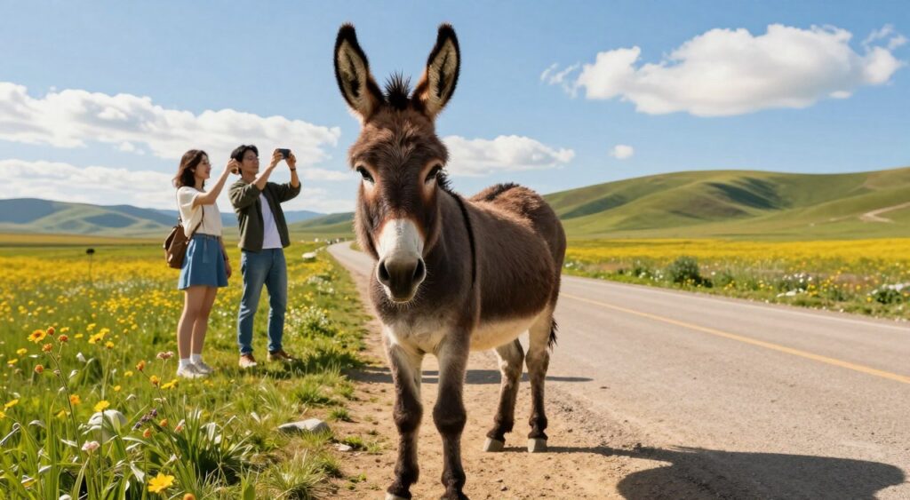 A charming roadside scene featuring a gentle donkey standing proudly by the edge of a sunlit dirt road. In the foreground, the donkey has a warm, friendly expression, its fur glistening in the golden sunlight, captured in vivid detail. In the middle ground, a vibrant green field dotted with wildflowers enhances the joyful ambiance, while a couple of curious passersby, dressed in casual yet stylish outfits, take photos with their phones, showcasing the engaging nature of this encounter. In the background, rolling hills stretch beneath a bright blue sky, accentuated by a few fluffy white clouds. The overall mood is cheerful and lighthearted, reflecting the whimsical charm of roadside donkeys becoming social media favorites. The image is captured with a wide-angle lens, allowing for an immersive view that draws the observer into this delightful moment. A charming roadside scene featuring a gentle donkey standing proudly by the edge of a sunlit dirt road. In the foreground, the donkey has a warm, friendly expression, its fur glistening in the golden sunlight, captured in vivid detail. In the middle ground, a vibrant green field dotted with wildflowers enhances the joyful ambiance, while a couple of curious passersby, dressed in casual yet stylish outfits, take photos with their phones, showcasing the engaging nature of this encounter. In the background, rolling hills stretch beneath a bright blue sky, accentuated by a few fluffy white clouds. The overall mood is cheerful and lighthearted, reflecting the whimsical charm of roadside donkeys becoming social media favorites. The image is captured with a wide-angle lens, allowing for an immersive view that draws the observer into this delightful moment.