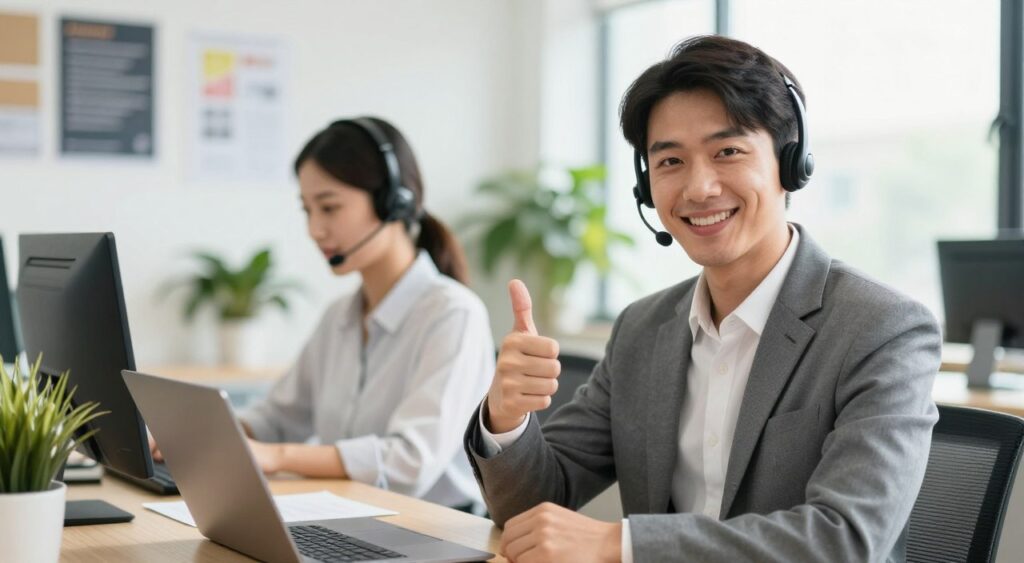 A cheerful customer in a well-lit office environment, smiling and giving a thumbs-up, symbolizes strong customer satisfaction. In the foreground, the customer, dressed in professional business attire, showcases an expression of delight while interacting with a friendly customer service representative, who is seated at a desk with a laptop and a headset. In the middle ground, soft focus reveals a bright, modern office filled with plants and motivational posters that suggest a positive atmosphere. The background features a window with natural sunlight streaming in, illuminating the space and enhancing the sense of warmth and approachability. The overall mood is uplifting and conveys trust and happiness, reflecting the benefits of effective after-sales service.