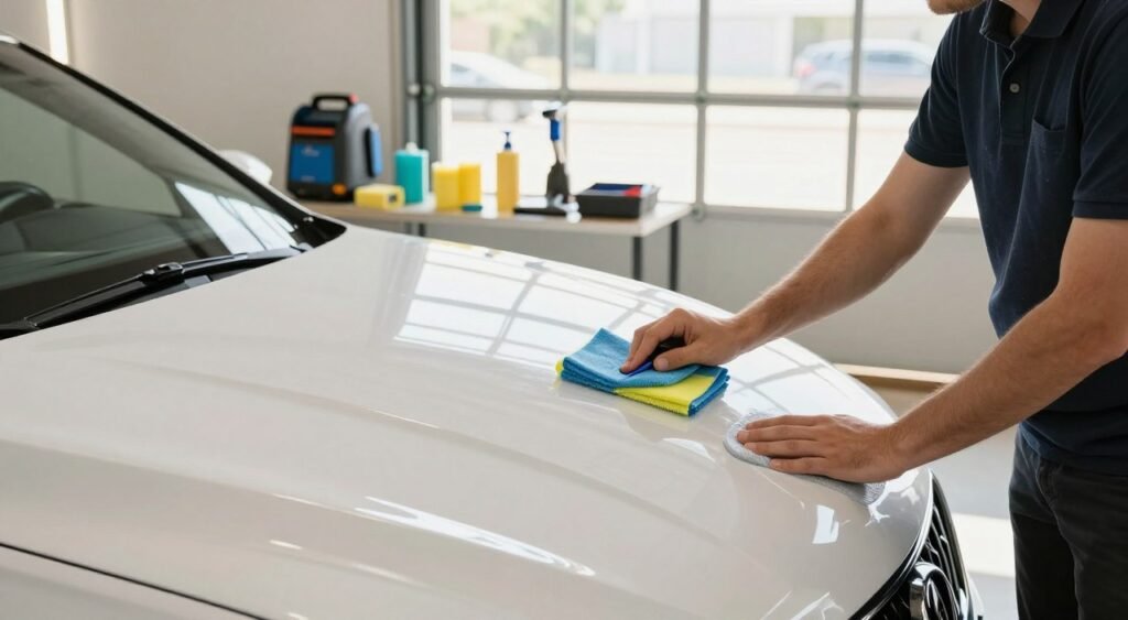 A clean and shiny car being detailed in a bright, well-lit garage setting. In the foreground, a person in a smart, casual outfit is meticulously waxing the car's hood, showcasing their attention to detail. The middle layer features various detailing tools such as microfiber cloths, wax, and vacuum equipment neatly organized on a workbench. In the background, natural light filters in through large garage windows, illuminating the space and creating a welcoming atmosphere. The mood conveys meticulous care and professionalism, emphasizing the importance of vehicle preparedness. Capture the scene from a slightly elevated angle to provide a clear view of both the car and the detailing process, complementing the vehicle's glossy finish with warm lighting to enhance its appeal.