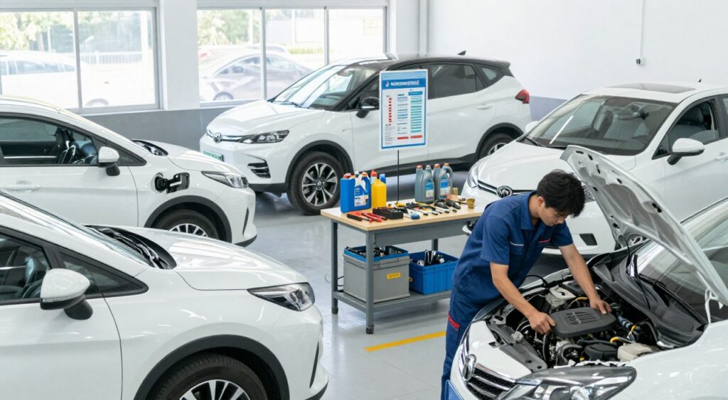A clean and well-lit automotive workshop featuring a variety of fuel-efficient cars, including compact hybrids and electric vehicles, all in pristine condition. In the foreground, a skilled mechanic in professional attire is inspecting a car's engine with tools laid out neatly nearby. The middle section showcases a workbench with essential maintenance tools and oil change supplies, surrounded by informative posters about fuel efficiency. In the background, large windows allow ample natural light, illuminating the workshop and reflecting a sense of professionalism and care. The atmosphere is focused and productive, emphasizing the importance of routine vehicle maintenance for maximizing fuel efficiency. A clean and well-lit automotive workshop featuring a variety of fuel-efficient cars, including compact hybrids and electric vehicles, all in pristine condition. In the foreground, a skilled mechanic in professional attire is inspecting a car's engine with tools laid out neatly nearby. The middle section showcases a workbench with essential maintenance tools and oil change supplies, surrounded by informative posters about fuel efficiency. In the background, large windows allow ample natural light, illuminating the workshop and reflecting a sense of professionalism and care. The atmosphere is focused and productive, emphasizing the importance of routine vehicle maintenance for maximizing fuel efficiency.