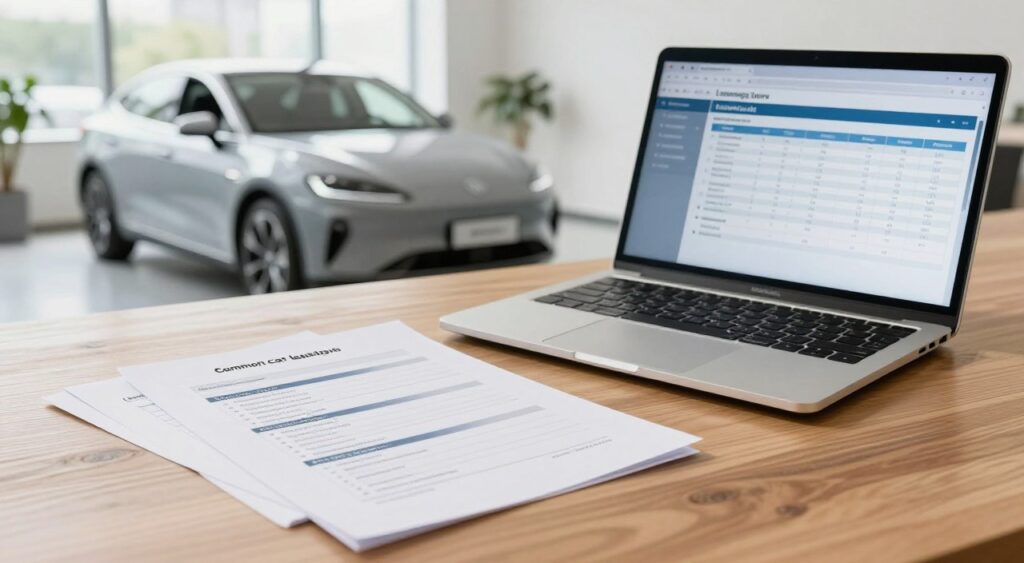 A clear, organized workspace featuring a wooden desk with a laptop open to a leasing calculator. In the foreground, a neatly arranged set of documents outlining common car leasing terms like "Residual Value," "Mileage Limits," and "Down Payment" on crisp white paper. In the middle ground, a stylish, modern car model gleams under soft, natural lighting from a nearby window, creating a welcoming atmosphere. The background comprises a light, airy office space with a subtle hint of greenery, such as a potted plant, adding a touch of freshness. Capture the scene from a slightly elevated angle to provide depth. The mood is professional and informative, ideal for educating readers about car leasing options.