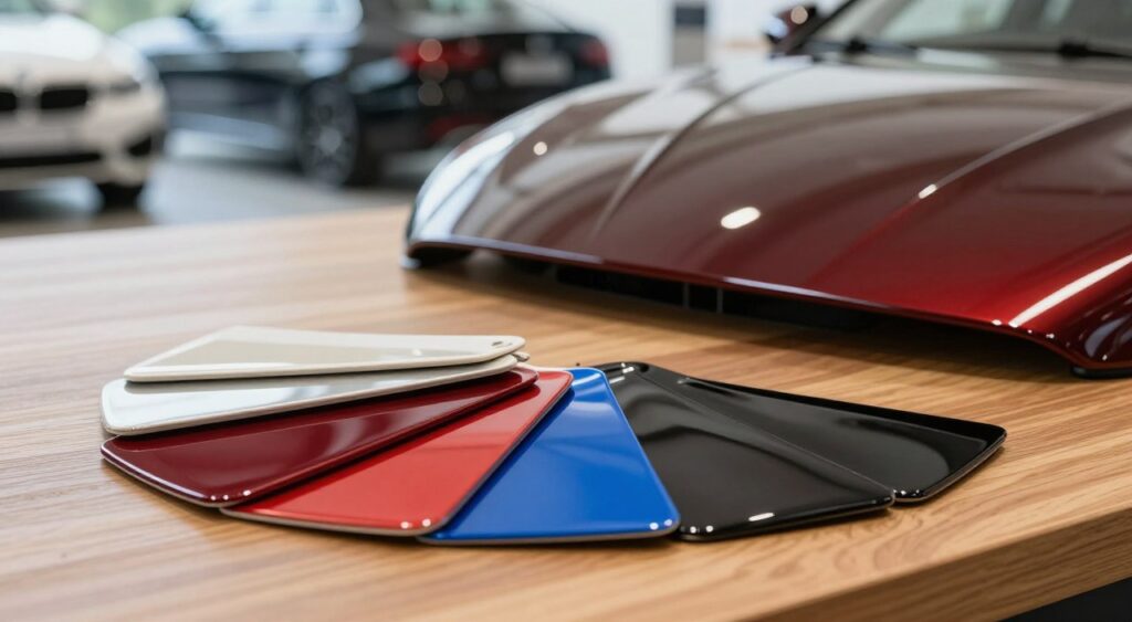 A close-up composition of various car paint options displayed elegantly on a wooden table. The foreground features small paint samples in vibrant colors like deep red, metallic blue, and glossy black, arranged in a visually appealing fan shape. In the middle ground, a sleek car hood glistens under soft, natural lighting, highlighting the rich textures of the paint. The background features a blurred image of a modern car showroom, enhancing the context. The lighting creates gentle reflections and highlights on the paint surfaces, evoking a sense of luxury and sophistication. The overall mood is inviting and professional, suggesting elegance in a high-quality car paint selection.
