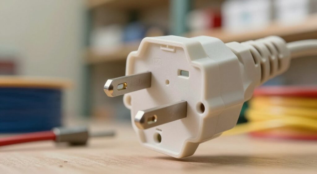 A close-up, highly detailed image of a power plug, showcasing its prongs, casing, and inner wiring. The foreground features the plug prominently against a blurred background that hints at a well-organized electrical supplies workshop, with rolls of cables and tools subtly out of focus. Soft, warm lighting highlights the plastic texture and metallic finish of the plug, creating an inviting ambiance. The angle is slightly tilted to emphasize the plug's design while ensuring clarity of details. The overall mood is professional and informative, making the viewer feel engaged and interested in quality electrical supplies. The image should be crisp and clear, without any text overlays or watermarks. A close-up, highly detailed image of a power plug, showcasing its prongs, casing, and inner wiring. The foreground features the plug prominently against a blurred background that hints at a well-organized electrical supplies workshop, with rolls of cables and tools subtly out of focus. Soft, warm lighting highlights the plastic texture and metallic finish of the plug, creating an inviting ambiance. The angle is slightly tilted to emphasize the plug's design while ensuring clarity of details. The overall mood is professional and informative, making the viewer feel engaged and interested in quality electrical supplies. The image should be crisp and clear, without any text overlays or watermarks.