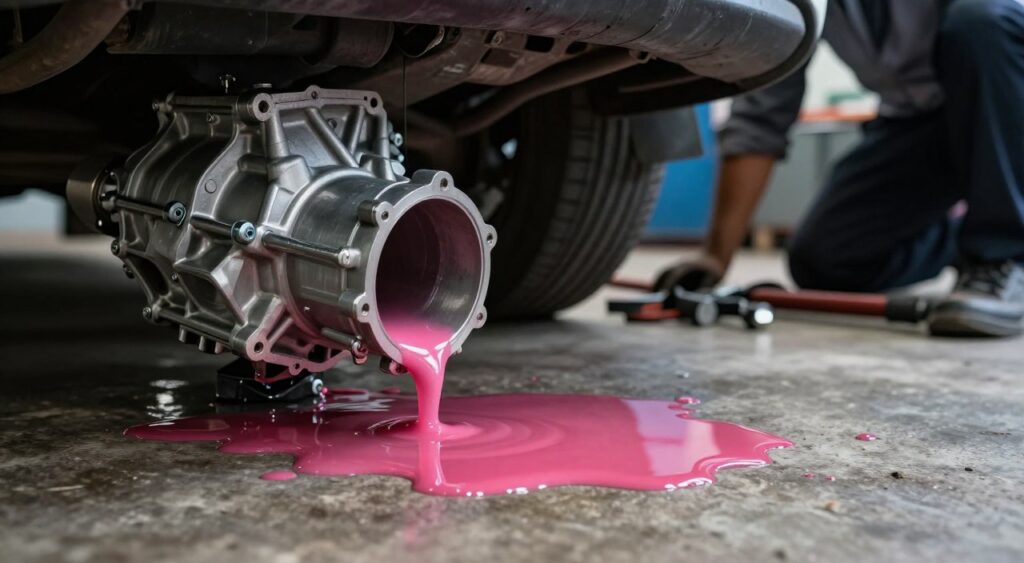 A close-up image of a car's transmission system, focusing on a vivid pink-red puddle of transmission fluid pooling on the garage floor beneath a vehicle. In the foreground, highlight a shiny metallic transmission casing with visible bolts and components, reflecting soft, diffused overhead lighting. In the middle, the fluid leaks out, creating a stark contrast against the concrete surface, showcasing texture and color. The background should include blurred automotive tools and a shadowy silhouette of a mechanic working, dressed in professional business attire, emphasizing a sense of urgency and expertise. The mood should evoke a sense of concern and awareness regarding common transmission issues, with a slightly dim garage atmosphere. A close-up image of a car's transmission system, focusing on a vivid pink-red puddle of transmission fluid pooling on the garage floor beneath a vehicle. In the foreground, highlight a shiny metallic transmission casing with visible bolts and components, reflecting soft, diffused overhead lighting. In the middle, the fluid leaks out, creating a stark contrast against the concrete surface, showcasing texture and color. The background should include blurred automotive tools and a shadowy silhouette of a mechanic working, dressed in professional business attire, emphasizing a sense of urgency and expertise. The mood should evoke a sense of concern and awareness regarding common transmission issues, with a slightly dim garage atmosphere.