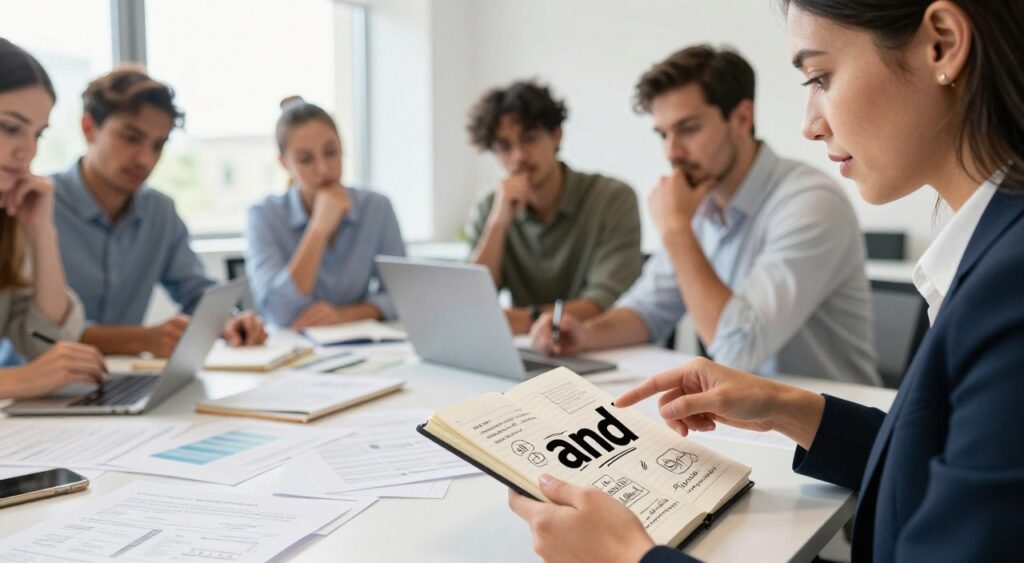 A close-up image of a diverse group of professionals in a modern office setting, actively discussing ideas around a large table cluttered with paperwork and digital devices. In the foreground, a woman in professional attire enthusiastically points at a notebook filled with written ideas, emphasizing the word "and" in bold, creative designs on the page. In the middle ground, colleagues are nodding and taking notes, showcasing engagement and collaboration. The background features a bright, well-lit office space with large windows letting in natural light, creating a warm and inviting atmosphere. The overall mood is dynamic and inspiring, symbolizing the power of connection and collaboration through the use of "and". A close-up image of a diverse group of professionals in a modern office setting, actively discussing ideas around a large table cluttered with paperwork and digital devices. In the foreground, a woman in professional attire enthusiastically points at a notebook filled with written ideas, emphasizing the word "and" in bold, creative designs on the page. In the middle ground, colleagues are nodding and taking notes, showcasing engagement and collaboration. The background features a bright, well-lit office space with large windows letting in natural light, creating a warm and inviting atmosphere. The overall mood is dynamic and inspiring, symbolizing the power of connection and collaboration through the use of "and".