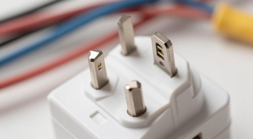A close-up image of a standard electrical plug connector, showcasing its three prongs and a robust plastic casing. The plug should be set against a blurred background of electrical wires and tools, hinting at a home improvement or troubleshooting environment. The foreground should highlight the details of the plug’s texture and design, with gleaming metallic prongs reflecting soft light. The lighting should be bright, emphasizing the cleanliness and functionality of the plug. Capture the image from a slightly elevated angle to give depth, creating an organized and focused atmosphere that aligns with the theme of troubleshooting. No text or logos should be present, ensuring a professional, clean look. A close-up image of a standard electrical plug connector, showcasing its three prongs and a robust plastic casing. The plug should be set against a blurred background of electrical wires and tools, hinting at a home improvement or troubleshooting environment. The foreground should highlight the details of the plug’s texture and design, with gleaming metallic prongs reflecting soft light. The lighting should be bright, emphasizing the cleanliness and functionality of the plug. Capture the image from a slightly elevated angle to give depth, creating an organized and focused atmosphere that aligns with the theme of troubleshooting. No text or logos should be present, ensuring a professional, clean look.