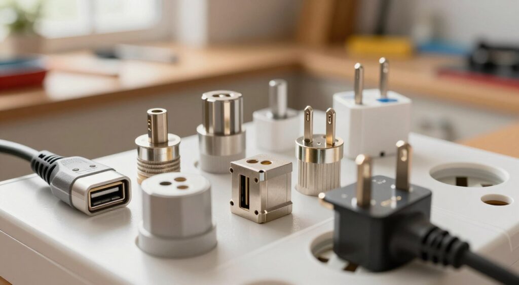 A close-up image of a variety of electrical plug connectors, showcasing their different shapes and sizes. In the foreground, highlight a standard three-prong plug with a glossy finish, partially inserted into a power socket. The middle layer features multiple plugs arranged neatly on a workbench, including USB-A, USB-C, and other specialty connectors, each intricately detailed. The background should softly blur, revealing a cozy workshop filled with electrical tools and supplies, illuminated by warm, natural lighting that enhances the metallic textures. Capture this scene from a slight overhead angle, creating a sense of depth. The overall mood conveys craftsmanship and the importance of reliable electrical connections in home improvement projects. A close-up image of a variety of electrical plug connectors, showcasing their different shapes and sizes. In the foreground, highlight a standard three-prong plug with a glossy finish, partially inserted into a power socket. The middle layer features multiple plugs arranged neatly on a workbench, including USB-A, USB-C, and other specialty connectors, each intricately detailed. The background should softly blur, revealing a cozy workshop filled with electrical tools and supplies, illuminated by warm, natural lighting that enhances the metallic textures. Capture this scene from a slight overhead angle, creating a sense of depth. The overall mood conveys craftsmanship and the importance of reliable electrical connections in home improvement projects.