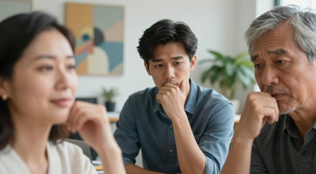 A close-up of a diverse group of three professionals, each expressing a deep emotional experience in a work setting. The foreground features a middle-aged woman with warm eyes and a gentle smile, a young man with a thoughtful gaze, and an older gentleman who appears contemplative. In the middle ground, an office environment subtly merges into a creative space filled with abstract art and natural elements, suggesting innovation. The background includes soft, diffused lighting that enhances the mood of introspection and collaboration, with a slight bokeh effect on the edges to keep focus on their faces. The composition captures the essence of emotional expression in a professional context, conveying depth and connection while maintaining an atmosphere of warmth and open communication.