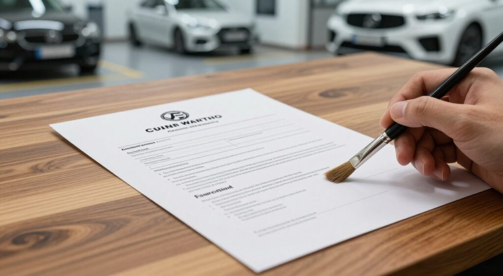 A close-up of a professional car painting warranty document, elegantly laid out on a sleek, polished wooden desk. In the foreground, a hand holding a paint brush indicates an attention to detail, signaling quality and craftsmanship. In the middle ground, the warranty document features intricate details, showcasing various paint protection terms and conditions, with an embossed logo of a high-end car paint company. The background should subtly include a well-lit automotive workshop, with pristine cars and spray booths, representing a professional environment. Soft, natural lighting creates an inviting atmosphere, while a slight lens blur emphasizes the document's importance. The overall mood exudes professionalism and trust, perfect for understanding car paint warranties and their lifespan.