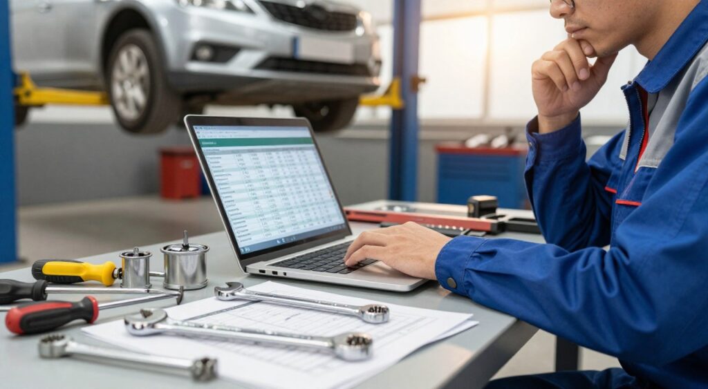 A close-up scene depicting car maintenance costs, featuring a detailed view of a mechanic's workstation filled with tools, charts, and a laptop displaying maintenance statistics. In the foreground, tools like wrenches, screwdrivers, and an oil filter are meticulously arranged on a clean workbench, symbolizing the precision of car upkeep. The middle layer shows a mechanic, dressed in a professional uniform, analyzing a maintenance cost breakdown on the laptop, their expression thoughtful and focused. In the background, a car is being lifted on a hydraulic lift, creating a sense of depth and context. Soft, warm lighting illuminates the workspace, enhancing a productive yet relaxed atmosphere, with a hint of anticipation for the upcoming tasks.