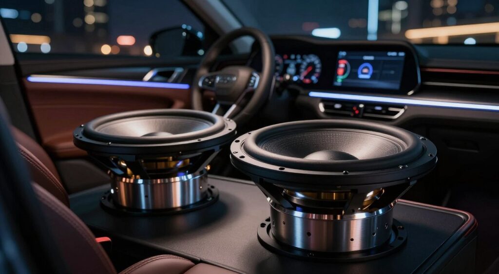 A close-up shot of high-performance car subwoofers installed in a sleek vehicle. In the foreground, the subwoofers are prominently displayed with glossy black and chrome finishes, showcasing their well-crafted design and powerful magnet structures. The middle ground features the car's interior, highlighting soft leather seats and a modern dashboard with an ambient glow. In the background, a dramatic urban nighttime setting with city lights softly blurred to emphasize depth. The lighting is dramatic, with a spotlight effect on the subwoofers, creating an atmosphere of excitement and energy. The lens should capture the scene in rich detail with a shallow depth of field, focusing on the subwoofers while softly blurring the background, evoking a high-tech and immersive vibe.