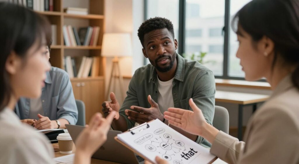 A close-up view illustrating a diverse group of professionals engaged in a dynamic conversation, emphasizing the significance of the word "that." In the foreground, a mid-30s Asian woman in a professional blazer animatedly gestures towards a notepad filled with drawings of communication flows. In the middle ground, a Black man in a smart casual outfit listens attentively, making eye contact, showcasing an open and engaged demeanor. In the background, a cozy office setting with soft, warm lighting, bookshelves lined with communication literature, and a large window revealing a cityscape. The image conveys a collaborative atmosphere, highlighting the impact of precise language in understanding and dialogue. The lens captures the scene with a slight depth of field, keeping the focus on the people and their interactions.