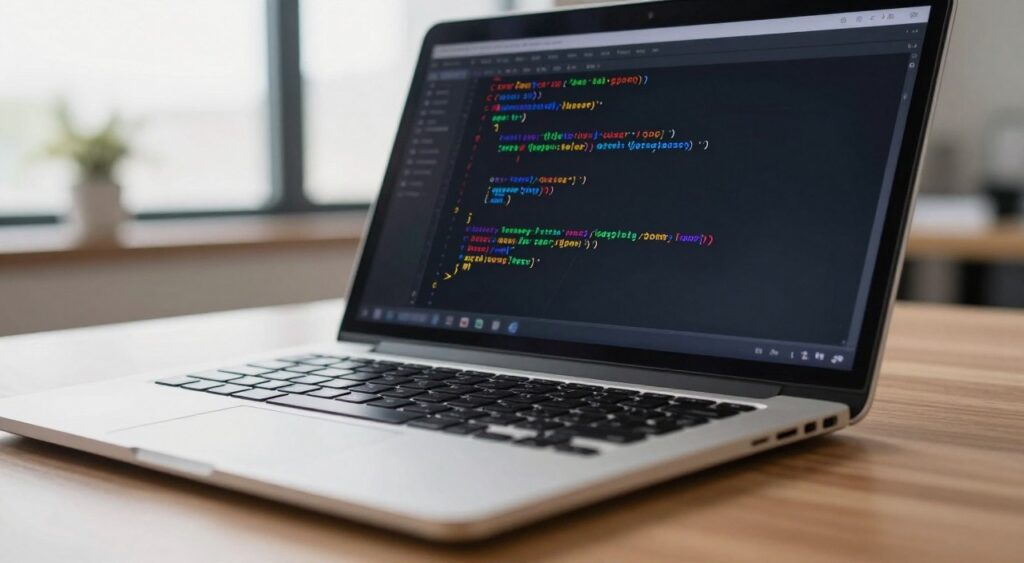A close-up view of C programming code displayed on a sleek laptop screen set on a modern wooden desk. In the foreground, the keyboard is slightly out of focus, with the soft glow of the screen illuminating the keys. The middle ground showcases the detailed lines of code, with syntax highlighting in vibrant colors—greens, blues, and yellows—capturing the essence of programming. In the background, a blurred window reveals an office environment with natural light streaming in, creating a bright and inspiring atmosphere. The room is tidy and minimalistic, emphasizing a professional mood. The angle is a slightly elevated perspective, ensuring the code takes center stage while maintaining a warm, inviting ambiance.