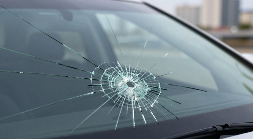 Uma visão aproximada de um para-brisa danificado, apresentando vários tipos de rachaduras, incluindo uma rachadura em forma de estrela, uma lasca e uma rachadura longa, destacada contra uma paisagem urbana desfocada ao fundo. O primeiro plano exibe os padrões intrincados do vidro estilhaçado, com a luz refletindo nas bordas irregulares, criando um contraste entre as áreas danificadas e as seções transparentes do para-brisa. A camada intermediária inclui o contorno de um veículo, sugerindo sutilmente sua presença sem desviar a atenção dos danos no para-brisa. A iluminação é suave, porém focada, permitindo a visualização detalhada das imperfeições do vidro, mantendo uma atmosfera profissional e informativa. O ângulo captura tanto os detalhes intrincados do dano quanto as implicações no mundo real, garantindo um foco claro no tema do reparo de para-brisas.