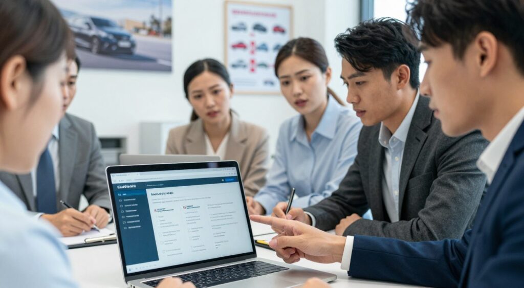 A close-up view of a diverse group of people, all in professional business attire, gathered around a large laptop displaying a digital platform for car recalls. In the foreground, focus on a concerned woman pointing at the screen, while a man beside her takes notes. In the middle ground, several individuals discuss various car models, with a focus on safety features and recall updates. The background features a well-lit office environment with car posters and safety brochures on the walls, creating a professional and informative atmosphere. The lighting is bright and inviting, reflecting a sense of urgency and importance. Use a shallow depth of field to emphasize the engagement of the group while subtly blurring the background, creating a mood of collaboration and awareness in staying informed about car recalls.