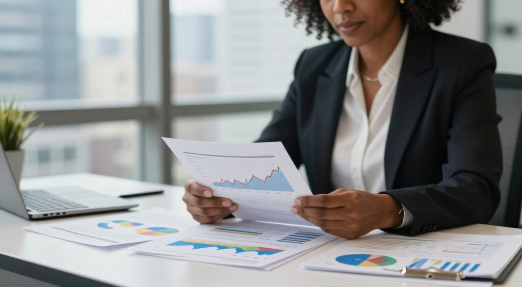 A close-up view of a financial advisor sitting at a sleek modern desk, surrounded by colorful charts and graphs displaying fluctuating interest rates, particularly focused on subprime car financing. The advisor, a middle-aged Black woman in professional attire, is thoughtfully reviewing documents under warm, bright office lighting. In the background, a large window shows a blur of a city skyline, evoking a dynamic financial environment. The atmosphere is serious and professional, conveying the weight of making informed decisions about car financing. The focus should be on the advisor's expression and the various financial materials around her, showcasing the topic's importance in an engaging manner.