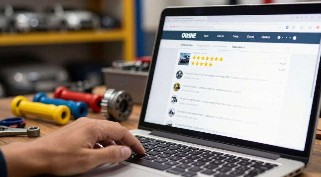 A close-up view of a laptop displaying a detailed online auto parts review page, featuring customer ratings and feedback on various car parts. In the foreground, a hand is seen scrolling through the reviews, with contrasting brightly colored car parts scattered around the laptop. In the middle, there’s a soft-focus background of a workshop setting with tools and car components neatly arranged on shelves. The lighting is warm and inviting, highlighting the authenticity of customer experiences. A subtle bokeh effect enhances the professional atmosphere, creating an image that conveys trust and reliability in customer feedback. The scene radiates a sense of engagement and informed decision-making, ideal for enhancing the understanding of customer reviews in online auto parts shopping.