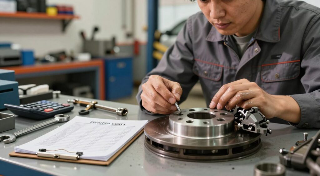 A close-up view of a mechanic's workspace focused on brake repair costs. In the foreground, a detailed brake rotor and caliper are displayed on a workbench, next to tools such as wrenches, a calculator, and a breakdown of estimated repair costs on a notepad. In the middle, a mechanic in business-casual attire thoughtfully inspects the components, with their hands covered in light grease, conveying professionalism and diligence. The background features a clean, well-lit garage with tools neatly organized on shelves and a car on a lift, emphasizing the environment of a repair shop. Soft warm lighting casts gentle shadows, enhancing the inviting atmosphere that suggests reliability and expertise in brake repair.
