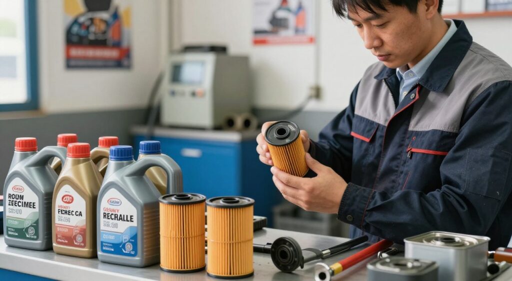 A close-up view of a mechanic's workstation highlighting an assortment of oil change-related items, including oil filters, oil cans, and tools. In the foreground, neatly arranged bottles of different motor oils labeled with prices are visible, suggesting affordability. In the middle ground, a mechanic dressed in professional business attire is examining an oil filter with a thoughtful expression, embodying reliability. The background shows a well-organized garage with oil change equipment and posters depicting oil change services, contributing to a sense of a fast-paced yet professional atmosphere. Soft, natural lighting illuminates the scene, creating a warm and inviting mood. The angle captures a slightly elevated view, enhancing the focal point on the oil prices and the mechanic's diligent work.